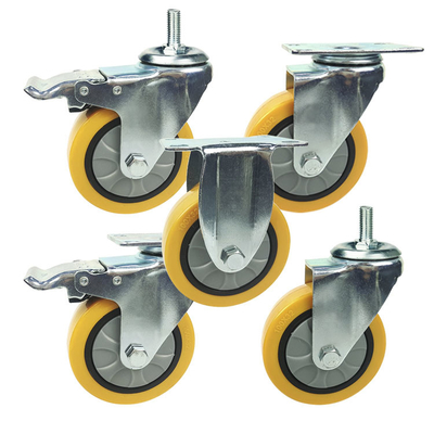 125x32mm Yellow PU Swivel Locking Threaded Stem Medium Duty Casters